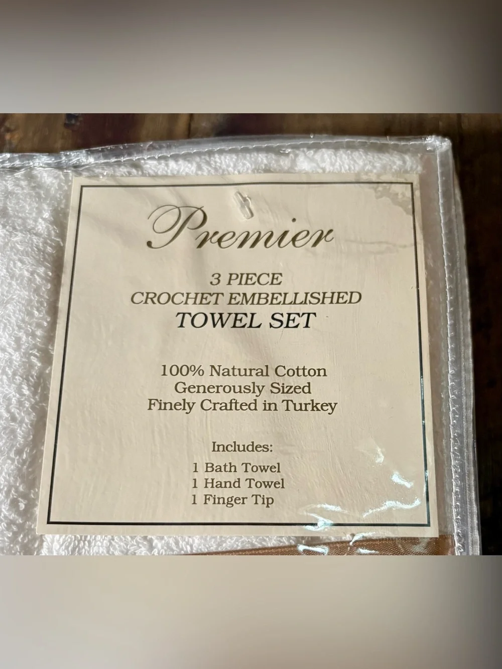 NWT Premier 3-Piece Crochet Embellished Towel Set White 100% Natural Cotton